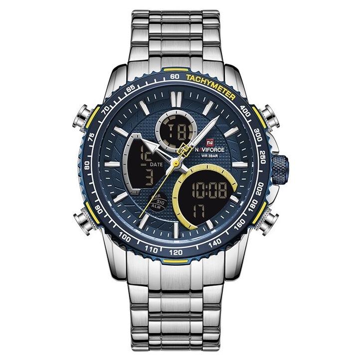 Мъжки часовник NaviForce Chrome, Хронограф, Двойно Време, Неръждаема стомана, Сребрист / Син