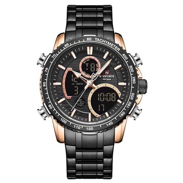 Мъжки часовник NaviForce Chrome, Хронограф, Двойно Време, Неръждаема стомана, Розово злато / Черен
