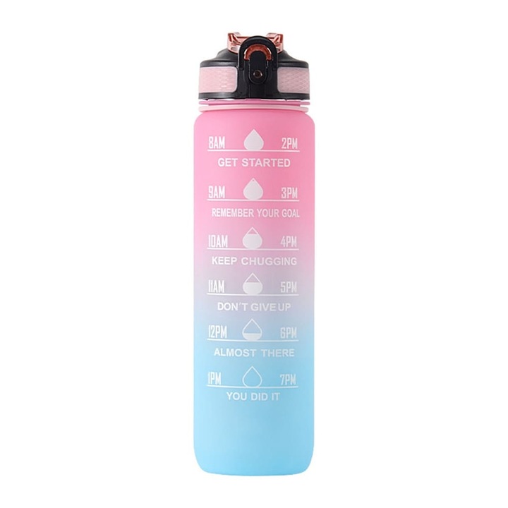 Градиентна мотивационна бутилка за вода с цитати и времева линия (1000 мл) - Бебешко розово-бебешко синьо
