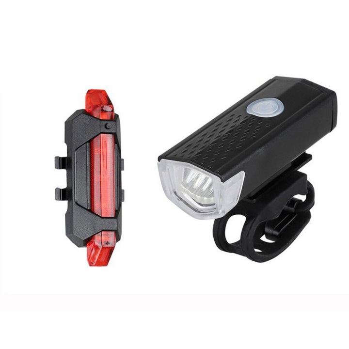 OEM kerékpár lámpa szett, LED, 300lm, IP65, USB tölthető, Fekete/Piros