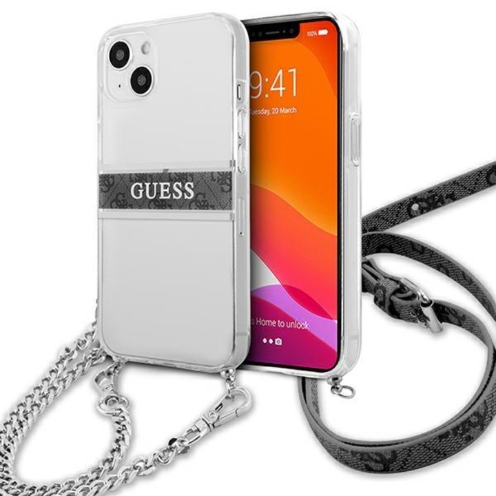Husa Guess GUHCP13MKC4GBSI compatibila cu iPhone 13, 4G Gray Strap Silver Chain, Transparent