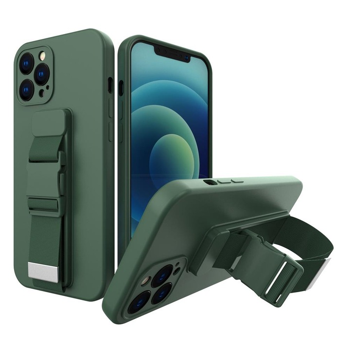 Apple iPhone 7 / 8 / SE (2020 / 2022) - Rope Case kitámasztható telefontok állítható pánttal, Sötétzöld