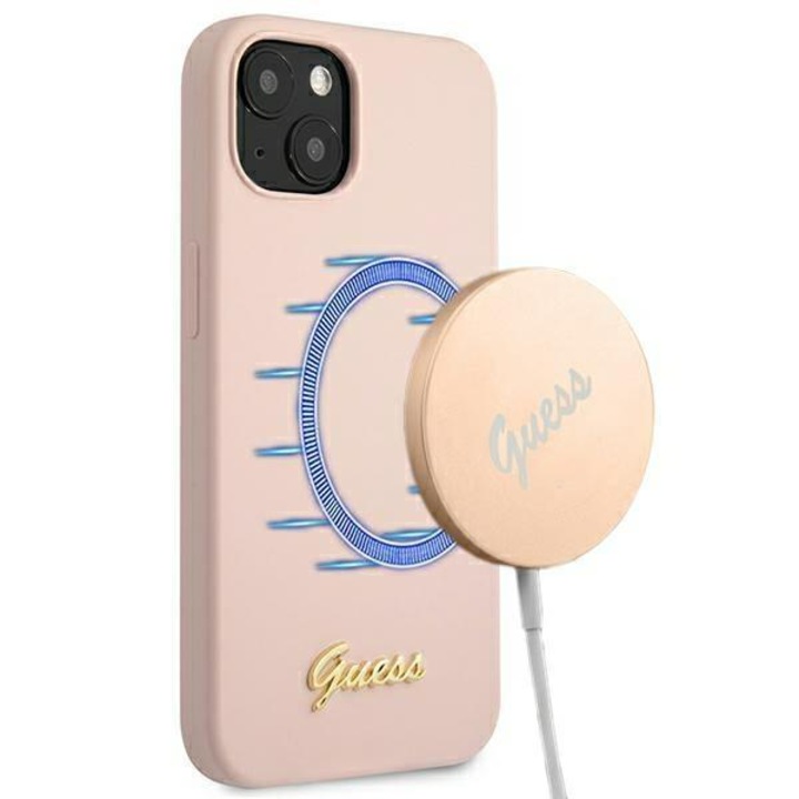 Husa Guess GUHMP13MLSLMGLP compatibila cu iPhone 13, Silicone Script Gold Logo Magsafe, Roz