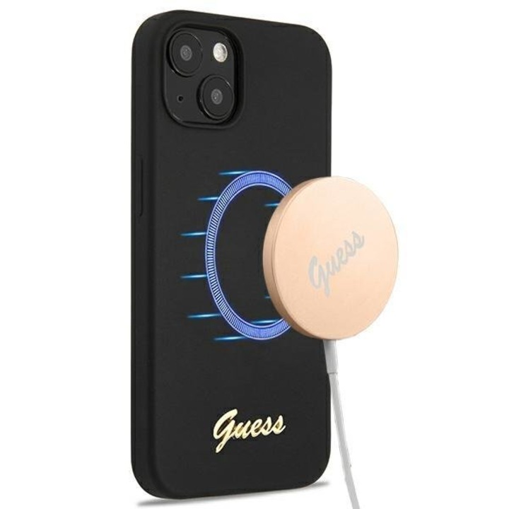 Husa Guess GUHMP13MLSLMGBK compatibila cu iPhone 13, Silicone Script Gold Logo Magsafe, Negru