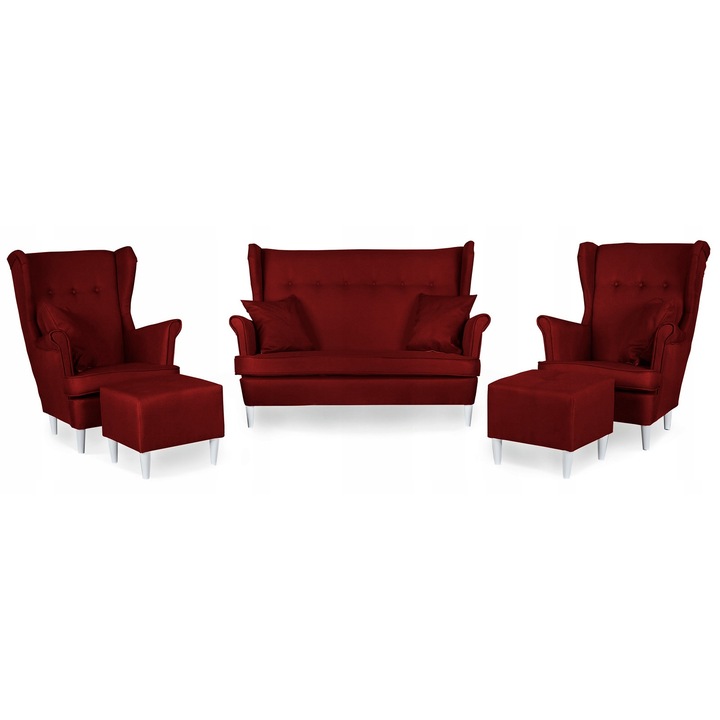 Set canapea, 2 fotolii si 2 tabureti Ari Family Furniture, Stil scandinav, Poliester/Lemn, Visiniu