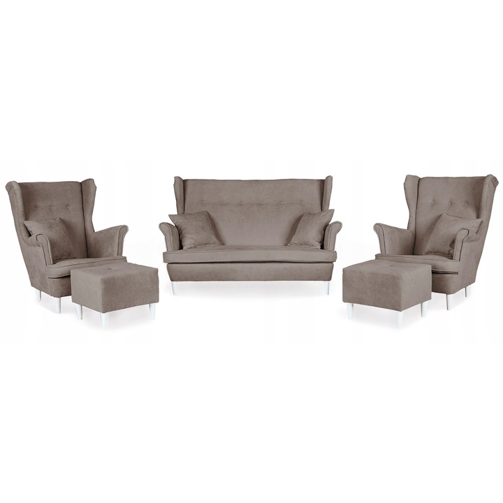 Set canapea, 2 fotolii si 2 tabureti Ari Family Furniture, Stil scandinav, Velur/Lemn, Bej deschis