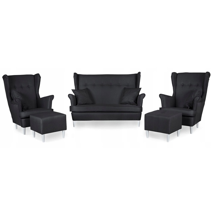 Set canapea, 2 fotolii si 2 tabureti Ari Family Furniture, Stil scandinav, Stofa/Lemn, Negru