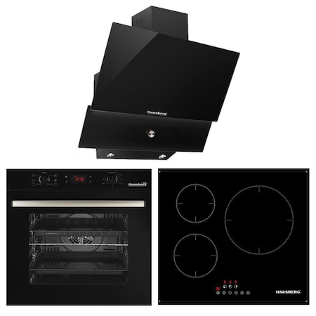 Pachet incorporabil Cuptor electric Hausberg HB-8054NG, Clasa A, volum 71L, ventilatie, Plita Hausberg HB1530, Electrica cu Inductie, putere 6000W, 3 zone de gatit, PowerBoost, 60 cm, Hota decorativa Hausberg HB-2285NG, 60 cm, Filtru aluminiu, Negru