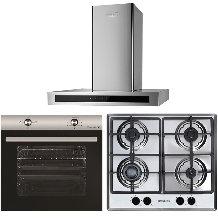 Hausberg HB-8051 beépíthető sütőcsomag, elektromos, 76 l, 4 funkciós, A osztály + Hausberg HB-555 beépíthető főzőlap, 4 égős, gáz, rozsdamentes acél