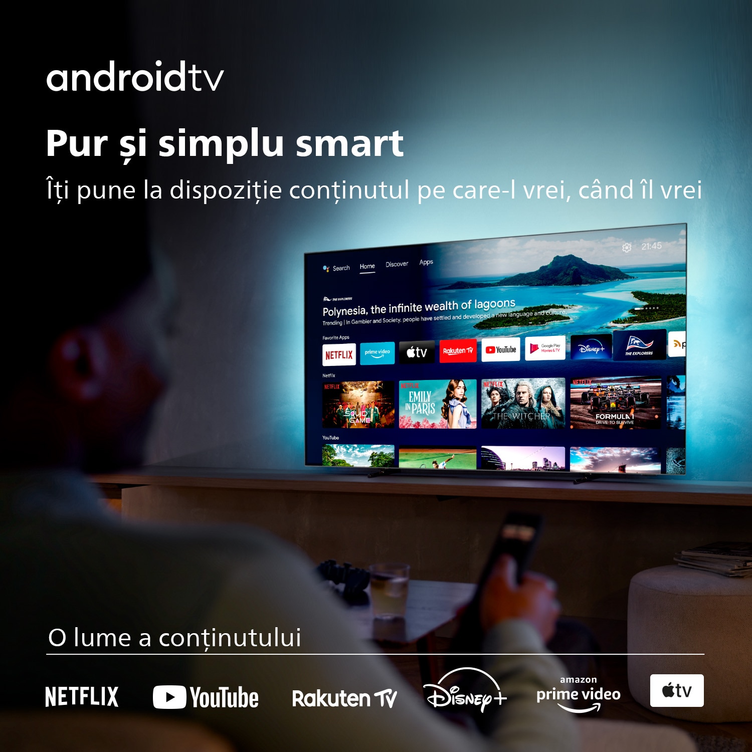 Televizor Philips Ambilight OLED 55OLED707, 139 cm, Smart Android, 4K Ultra HD 100Hz, Clasa G