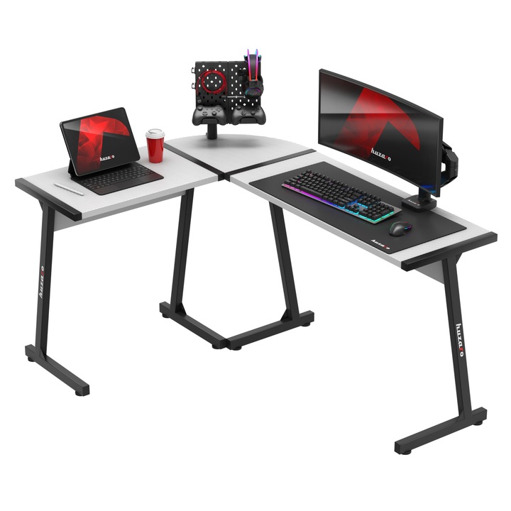 Ъглово игрално бюро Huzaro Hero 6.0, 147 x 112 см, Метал / MDF, бял