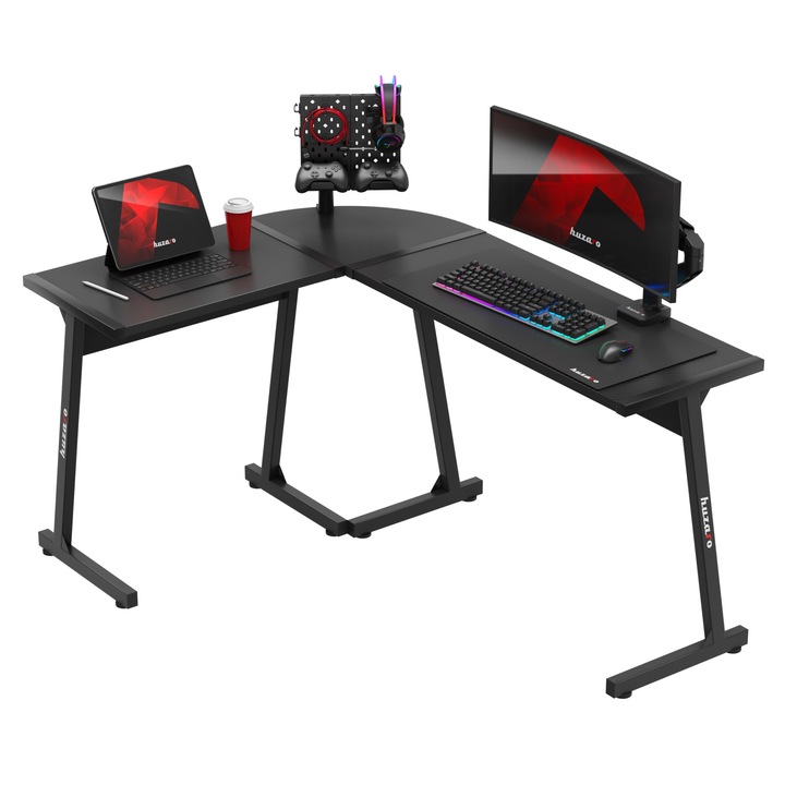 Ъглово игрално бюро Huzaro Hero 6.0, 147 x 112 см, Метал / MDF, Черен