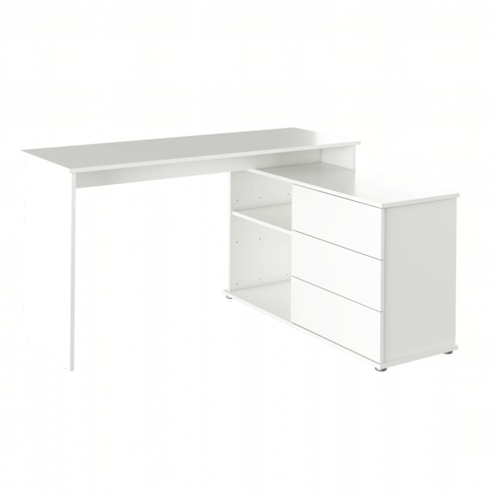 Birou universal alb, 3 sertare, spatiu deschis, 138x50/110x75cm