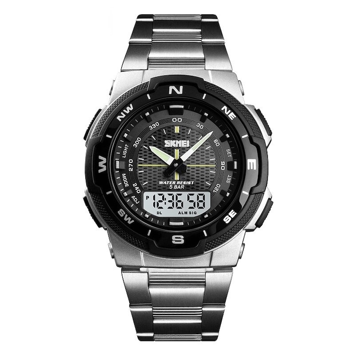 Мъжки часовник SKMEI Duo Time, Хронограф, Двойно време, LED подсветка, Неръждаема стомана, Сребрист / Черен