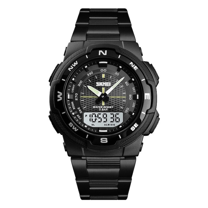 Мъжки часовник SKMEI Duo Time, Хронограф, Двойно време, LED подсветка, Неръждаема стомана, Черен / Бял