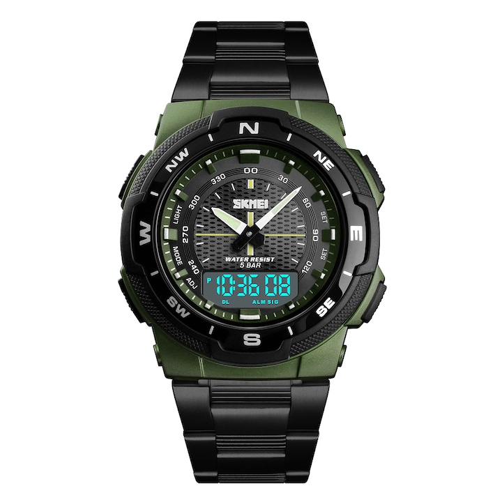 Мъжки часовник SKMEI Duo Time, Хронограф, Двойно време, LED подсветка, Неръждаема стомана, Черен / Зелен