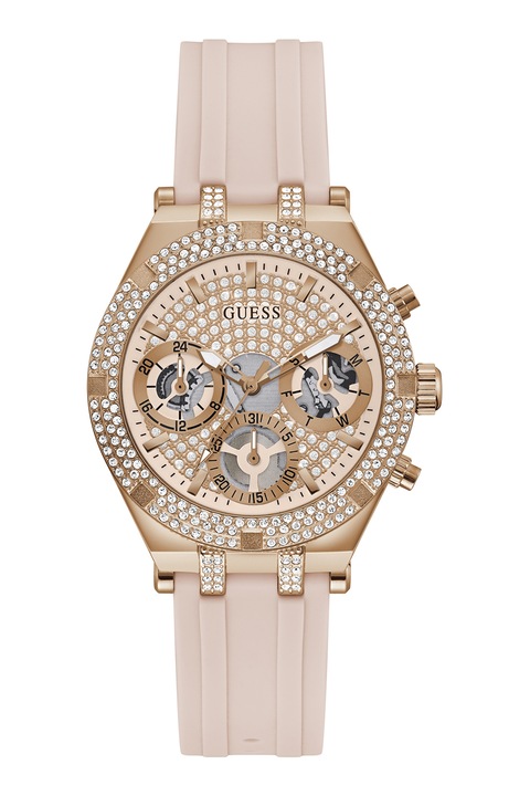 Guess, Ceas cu functii multiple si cristale, Auriu rose, Roz pastel