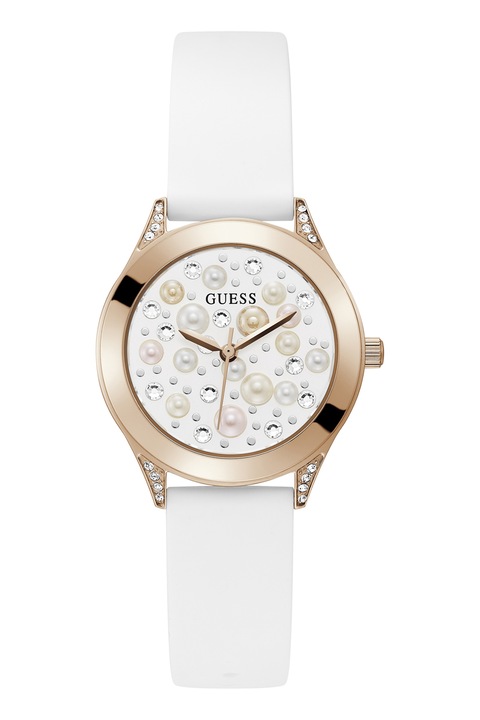 Guess, Часовник с кристали и синтетични перли, Rose Gold, Бял