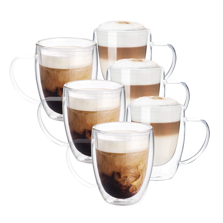 Set 6 buc pahare termice 350ml, Wessper CrystaLatte, pentru cafea latte