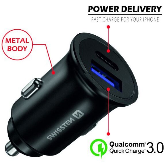 Chargeur allume cigare Swissten Power Delivery USB/C+Quick Charge 3.0 36W,  SIlver