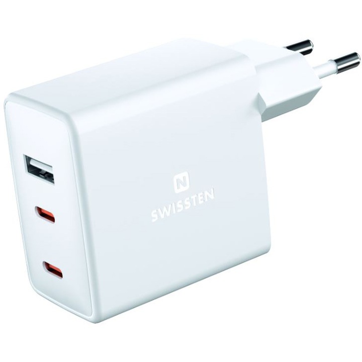 Swissten GaN mini hálózati töltőadapter, 2XUSB-C + 1XUSB, 70W, PowerDelivery