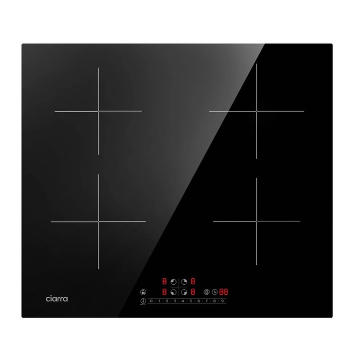 Beépített indukciós főzőlap Ciarra, CBBIH4B-OW, 4 égő, kerámia üveg, 9 teljesítményfokozat, serpenyőérzékelés, érintésérzékelő, boost funkció, melegen tartás funkció, 7200 W, fekete