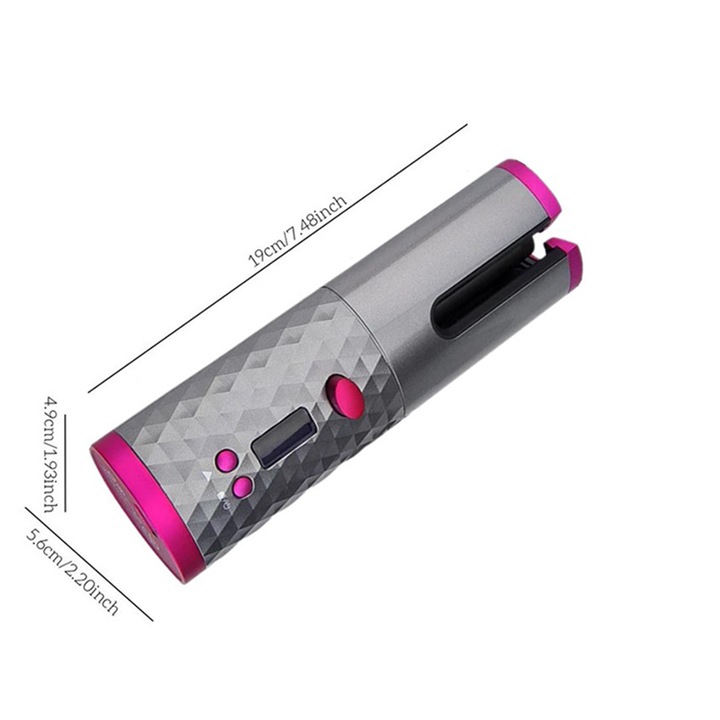 Ondulator de par wireless, Ceramica, Incarcare USB, Display LED, 6 Trepte temperatura, 200C, Roz/Gri