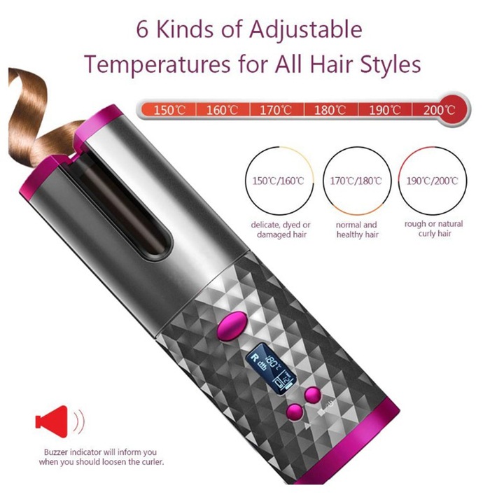 Ondulator de par wireless, Ceramica, Incarcare USB, Display LED, 6 Trepte temperatura, 200C, Roz/Gri