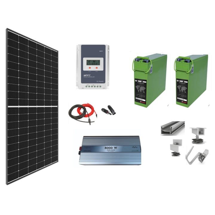 Sistem solar off grid kit complet 740W pe 24V cu 2 panouri fotovoltaice mono 370W, baterii solare190Ah si invertor SINUS PUR 8000W 24V, panou solar, casa, cabana, containere, Solid Volt