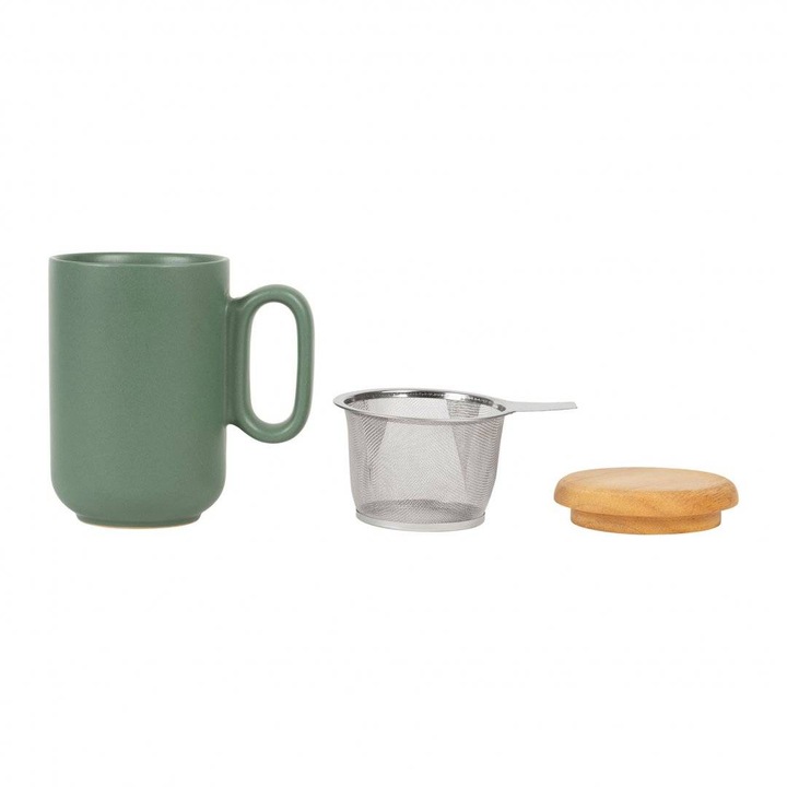 Cana cu sita si capac - Baltika Green Matt Bamboo, Ceramica, 500 ml, Verde