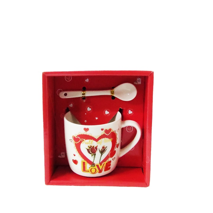 Set cana cadou Love, lingurita, inimioare si trandafir, 200 ml