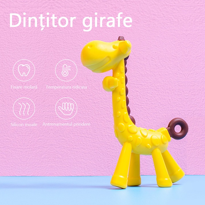Jucarie dentitie bebelusi, Silicon, Model girafa, 13 cm, Galben