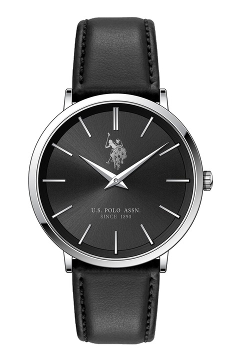 U.S. Polo Assn., Кварцов часовник с кожена каишка, Сребрист, Черен