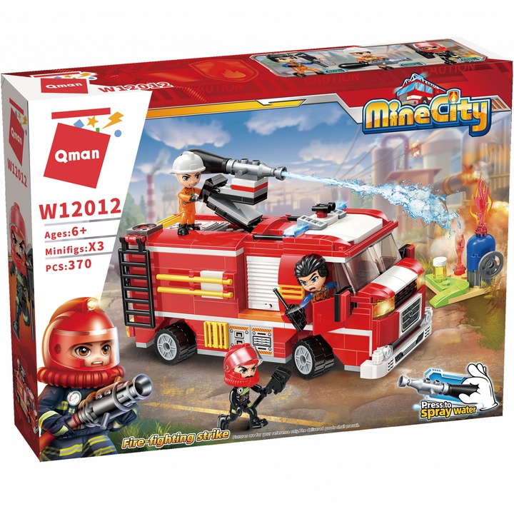 Jucarie camion de pompieri, Qman, MineCity la serviciu, Plastic, Multicolor
