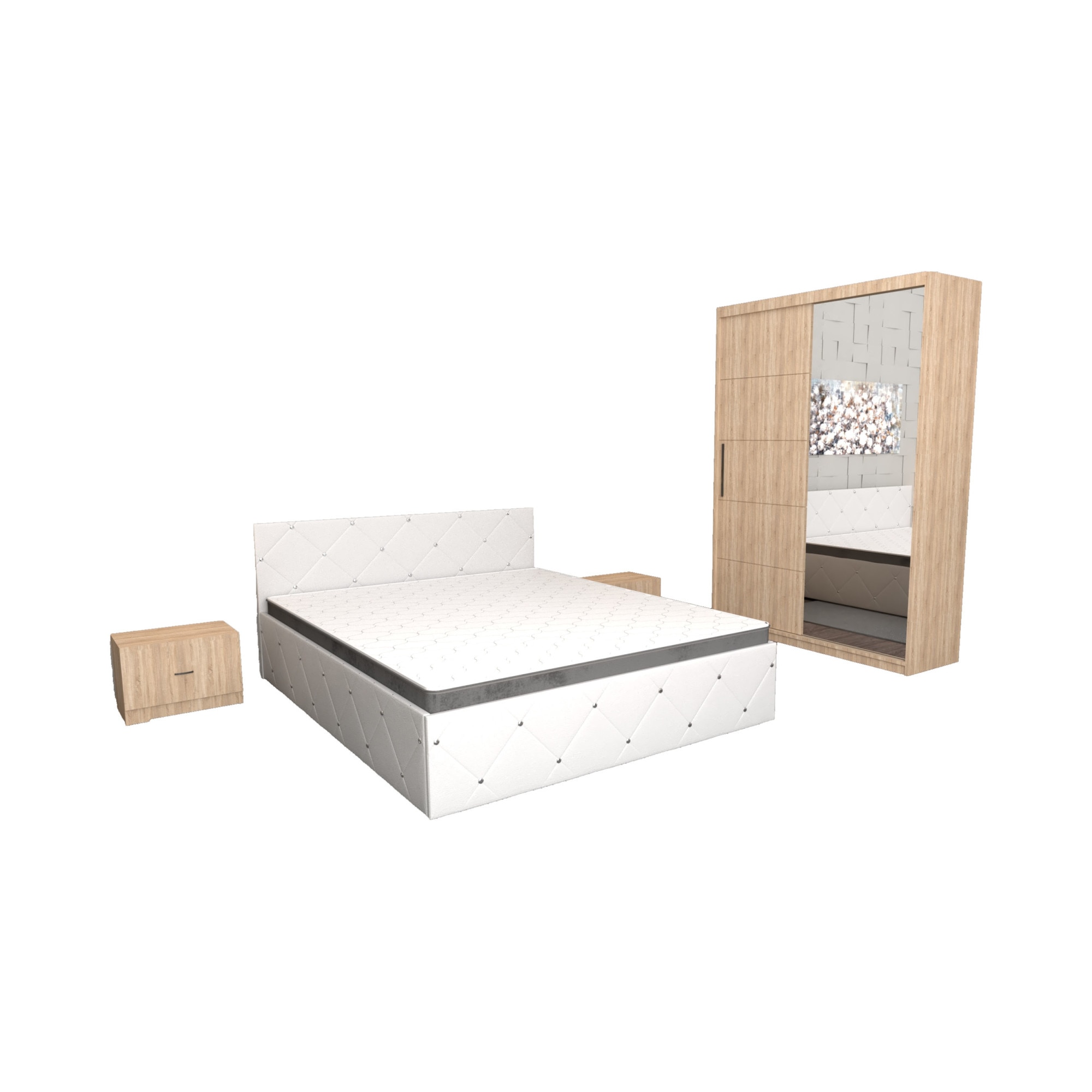 Set Dormitor Milano Sonoma Alb Cu Pat Matrimonial Alb 160 X 200 Cm Cu Noptiere Sonoma 44x32x23 