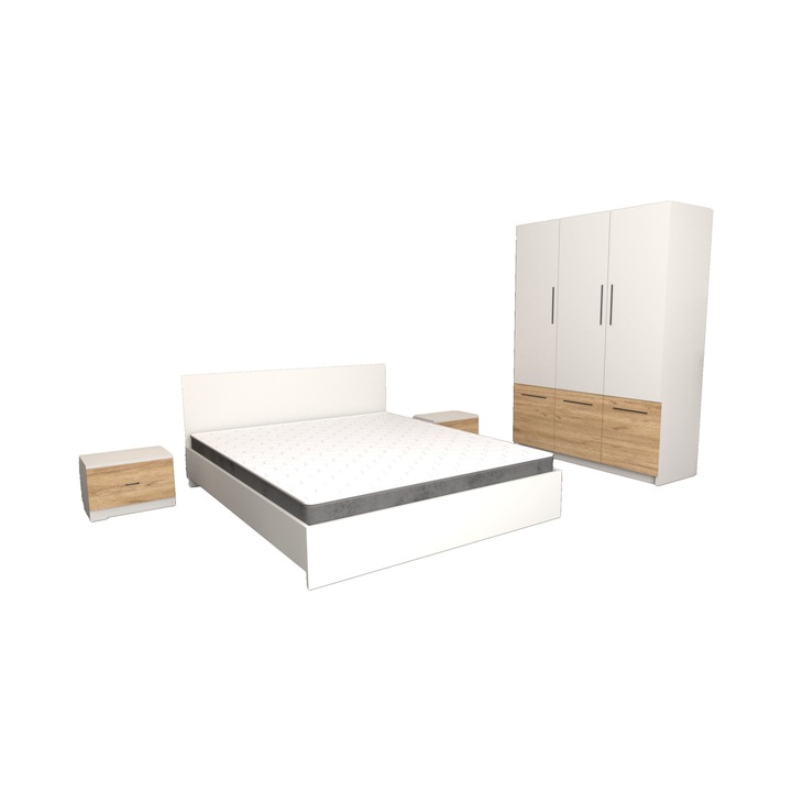 Set Dormitor Lorena Alb Sonoma Stejar Auriu cu Pat Matrimonial Alb 140x200 cm, Dulap David Alb Stejar Auriu 123 cm x 192 cm si Noptiere Albe Stejar Auriu 44x32x23 cm