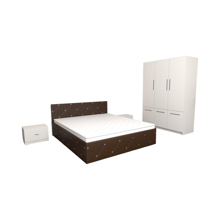 Set Dormitor Milano Maro cu Dulap Alb David 150x200x61 cm cu Pat Matrimonial Maro 140 x 200 cm si Noptiere Albe 44x32x23 cm