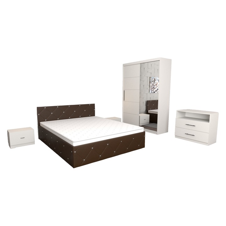 Set Dormitor Milano Maro cu Dulap usi glisante cu oglinda Alb 150x200x61 cu, Comoda Tv Alba 83x42x71 cm, cu Pat Matrimonial Maro 140 x 200 cm si Noptiere Albe 44x32x23 cm
