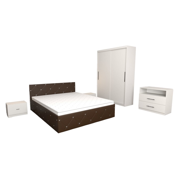 Set Dormitor Milano Maro cu Dulap usi glisante Alb 150x200x61 cu Pat Matrimonial Maro 140 x 200 cm si Noptiere Albe 44x32x23 cm si Comoda TV Alba 83x42x71 cm