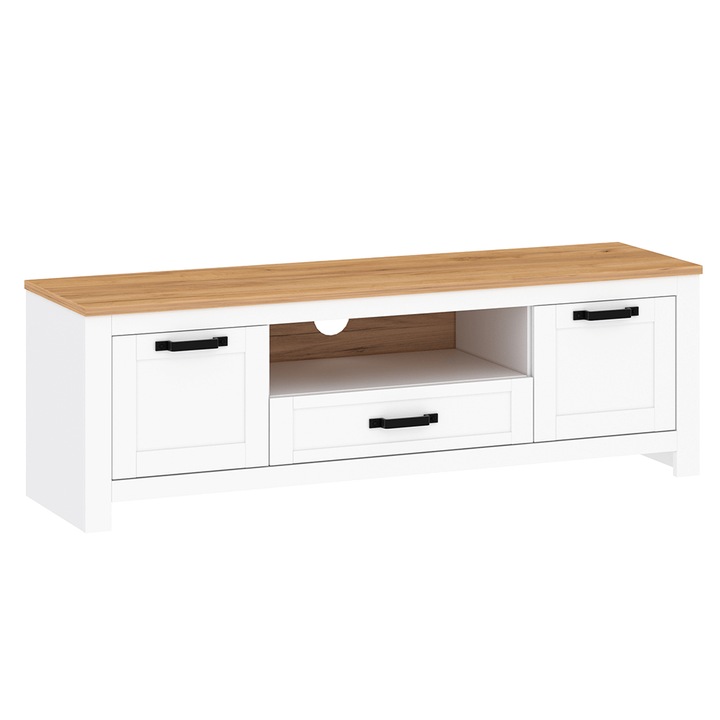 Comoda TV DacEnergy©, realizat din PAL laminat, muchii ABS, 2 dulapuri, 1 sertare, 1 spatiu deschis, cu finisaj alb si stejar craft auriu, 163.8 x 45.7 x 53.9 cm