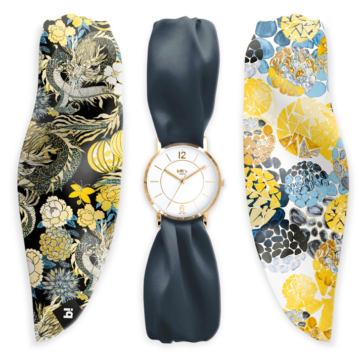Комплект часовник Bill's Watches Trend Gold Blue, Водоустойчив, Сменяеми сатенени каишки, 3 части