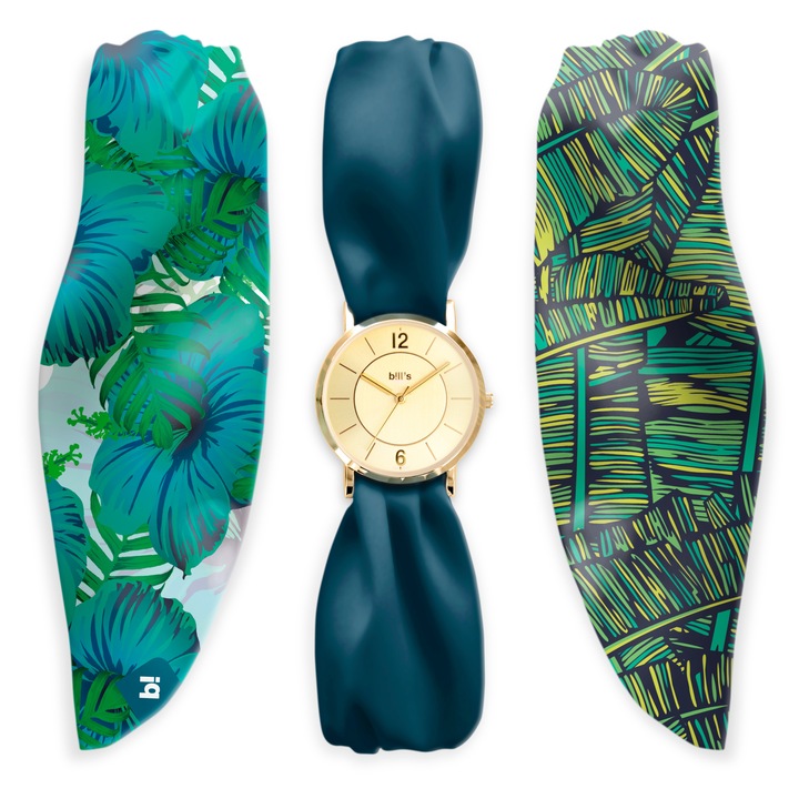 Комплект часовник Bill's Watches Trend Banana Palm, Водоустойчив, Сменяеми сатенени каишки, 3 части
