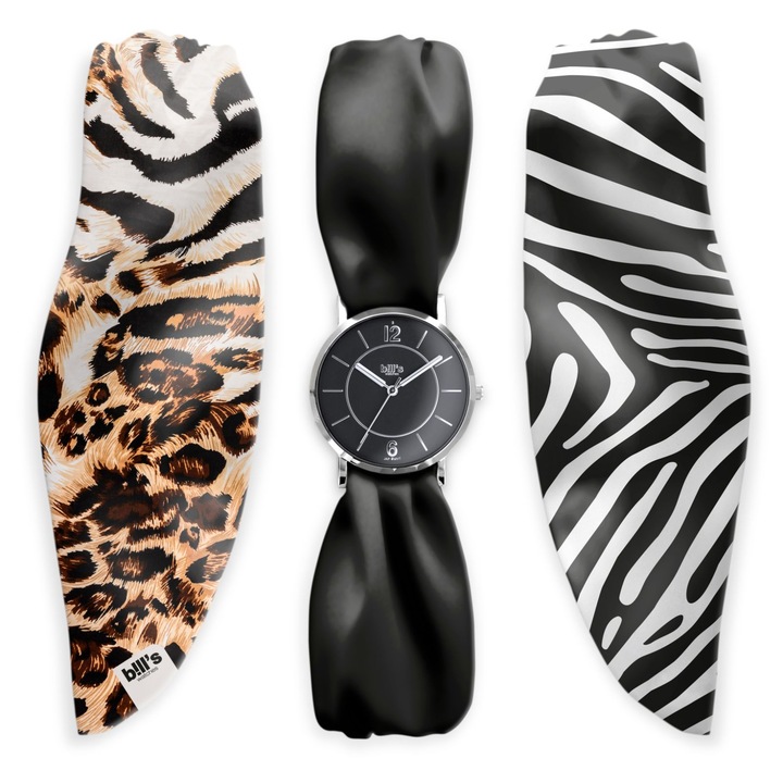 Bill's Watches Set de ceasuri Trend Animals, impermeabil, curele interschimbabile din satin, 3 piese