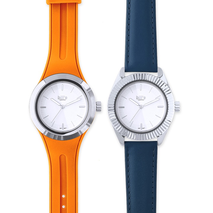 Комплект часовник Bill's Watches Twist, Оранжев/Син, Водоустойчив, Сменяеми каишки, 2 части