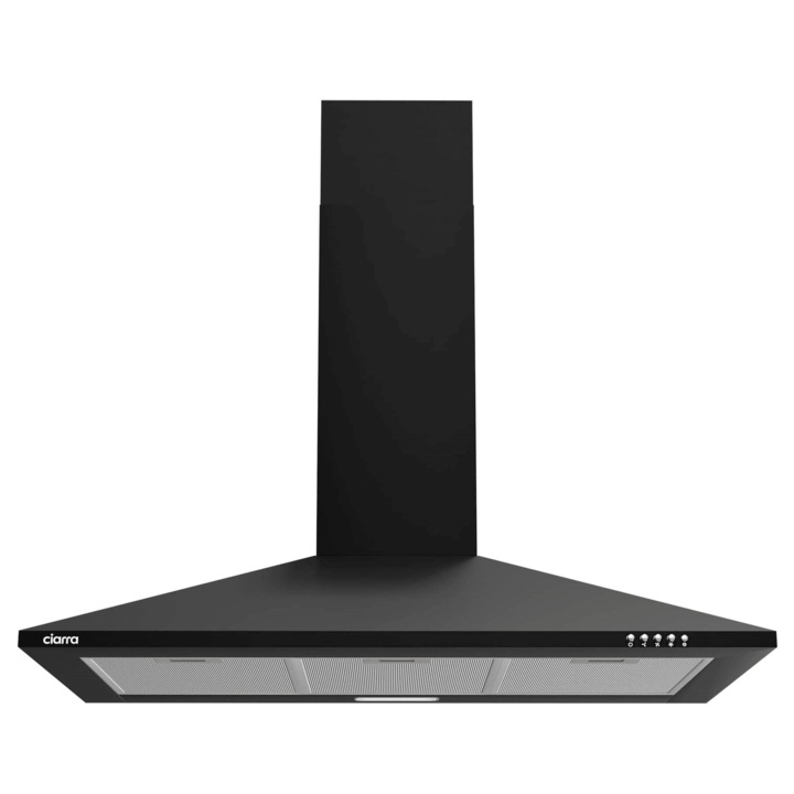 Hota de perete Ciarra, CBCB9201-OW, 90 cm, 370m³/h, clasa A, recirculare si evacuare aer, filtru de grasime lavabil, filtru de carbon, 3 trepte de putere, set de instalare inclus, negru