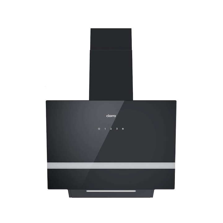 Вертикален аспиратор Ciarra, CBCB6736H-OW, 60 cm, 650m³/h, клас A, сензорен екран, рециркулация на въздуха и изпускане, миещ се филтър за мазнини, въглероден филтър, 3 нива на мощност, включен монтажен комплект, черен