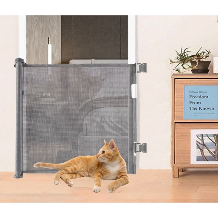 Poarta de siguranta retractabila, pentru copii si animale, siguranta dubla, dimensiune ajustabila pana la 150cm, pentru interior exterior, kit asamblare inclus, gri
