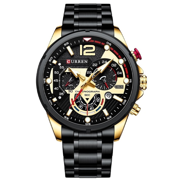 Мъжки часовник Curren Effecto, Хронограф, Неръждаема стомана, Черен / Златист