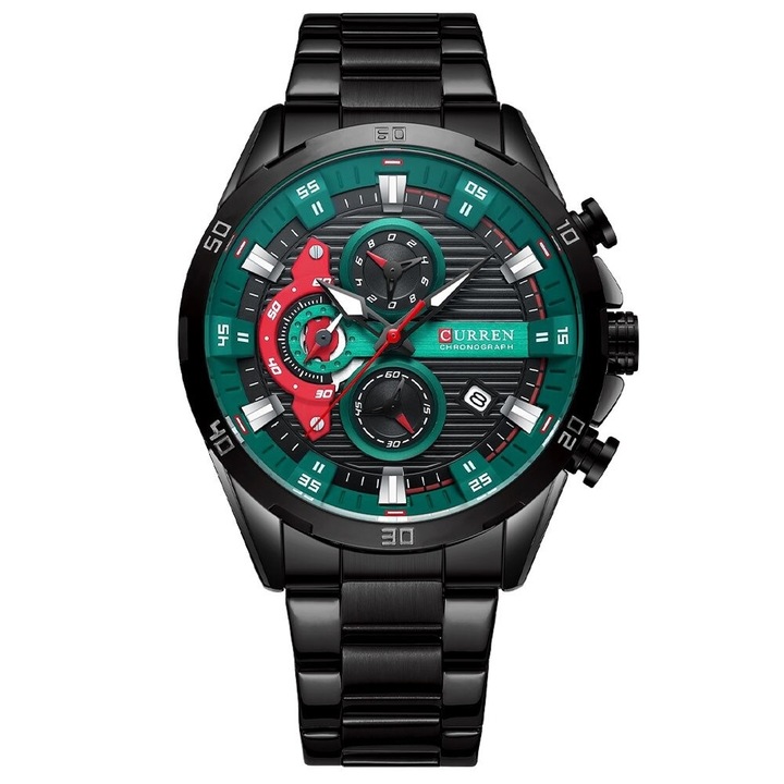 Мъжки часовник Curren Aarox, Хронограф, Неръждаема стомана, Черен / Зелен
