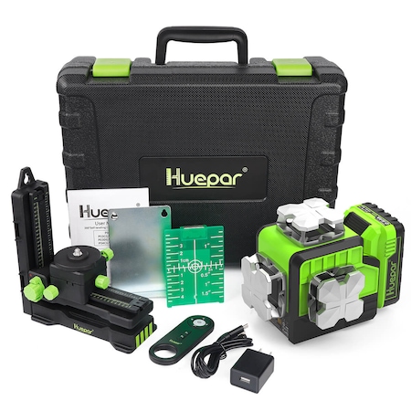Huepar P03CG lézerszintező, Bluetooth, mobilalkalmazás, távirányító, 3 sugár x 360 fok, zöld vonalak, hatótáv 20 m, pontosság ± 3 mm/10 m, önszintező, derékszögek